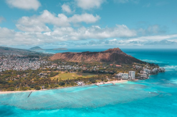 Aerial view of Diamond Head and the Waikiki coastline on Oahu